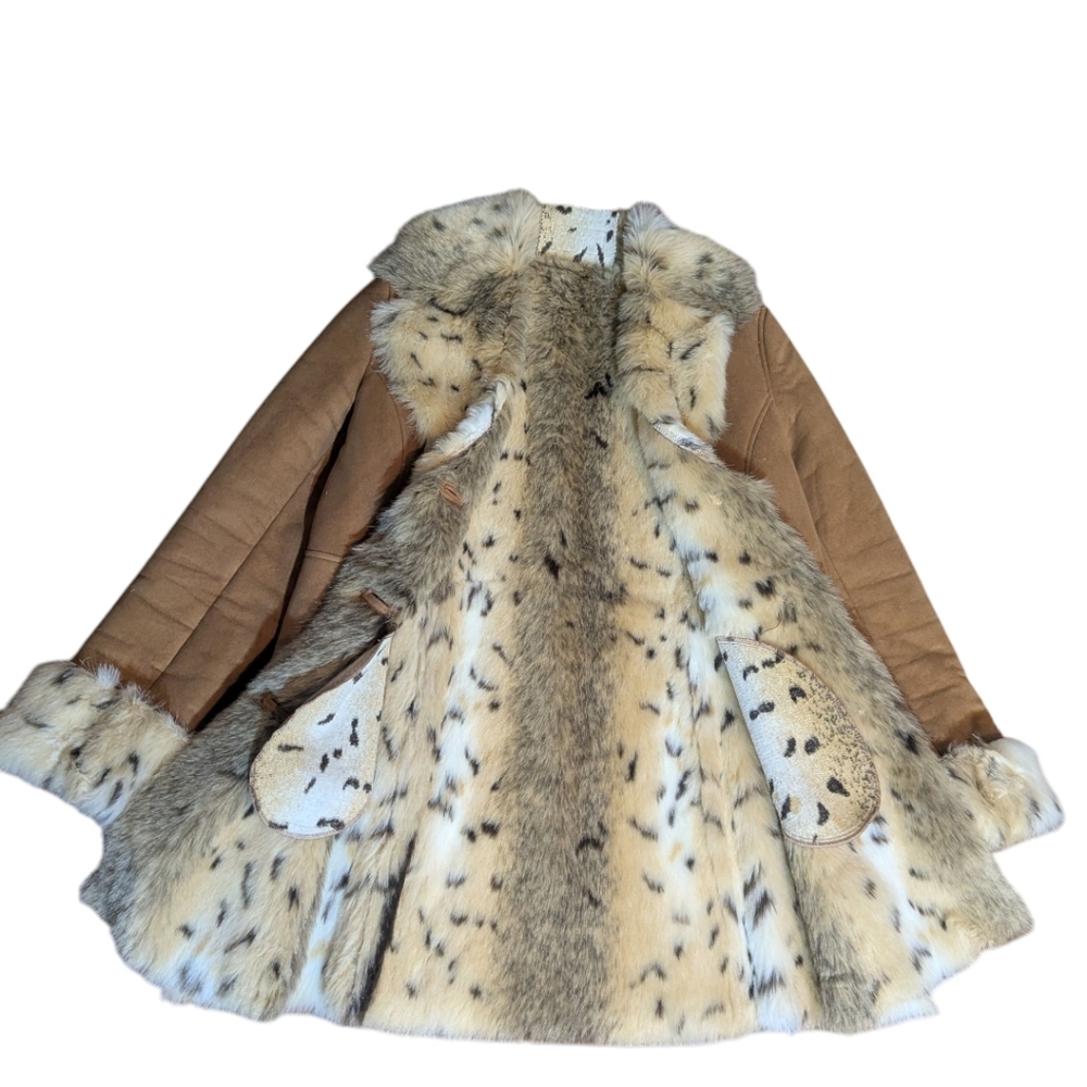 Vtg Y2K Talbots Penny Lane Tan Faux Sherpa Suede/Snow Leopard Fur Lined Coat - Picture 9 of 11